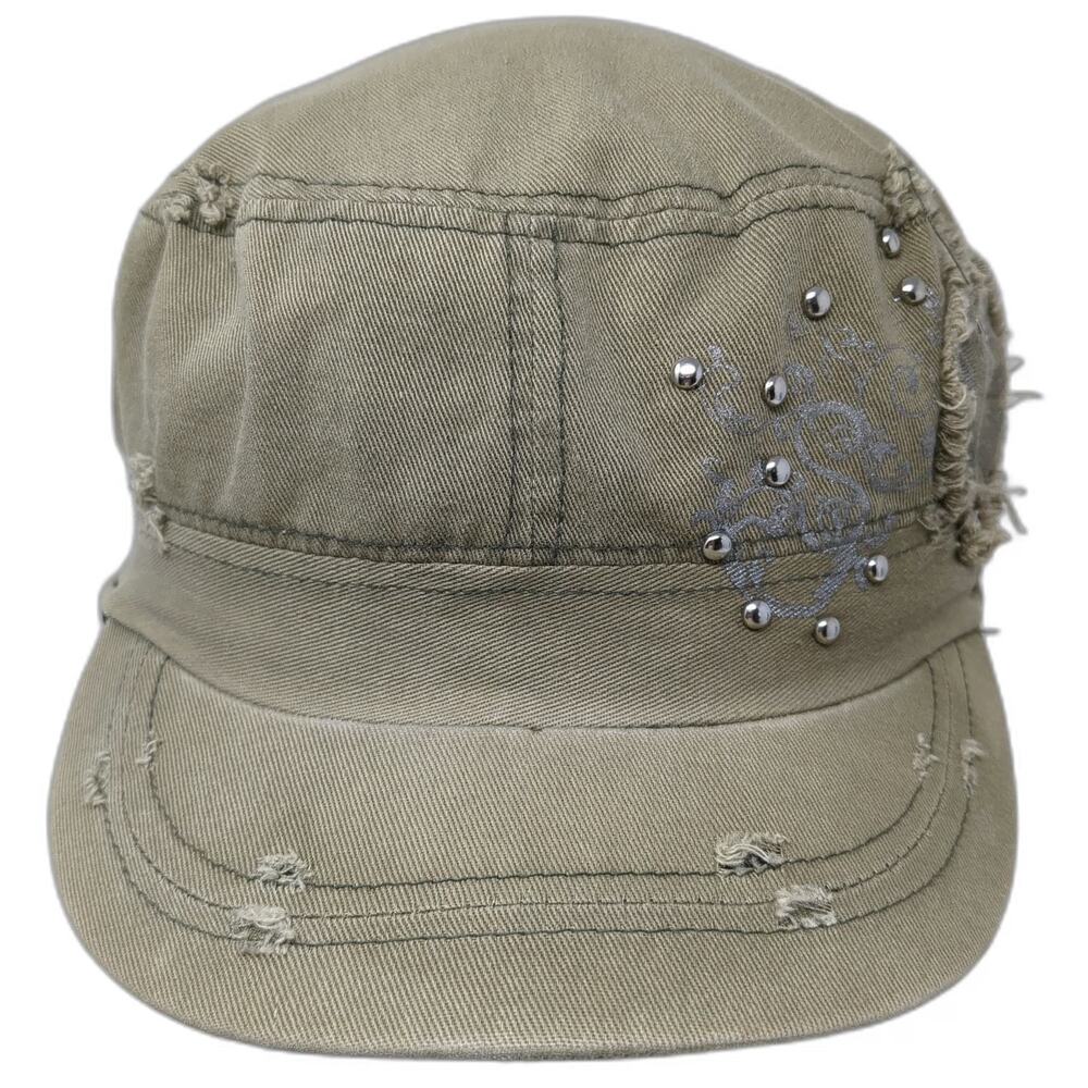 Manhattan Hat Company Army Cap Green OSFM Distressed Studs Glitter Scroll Hat